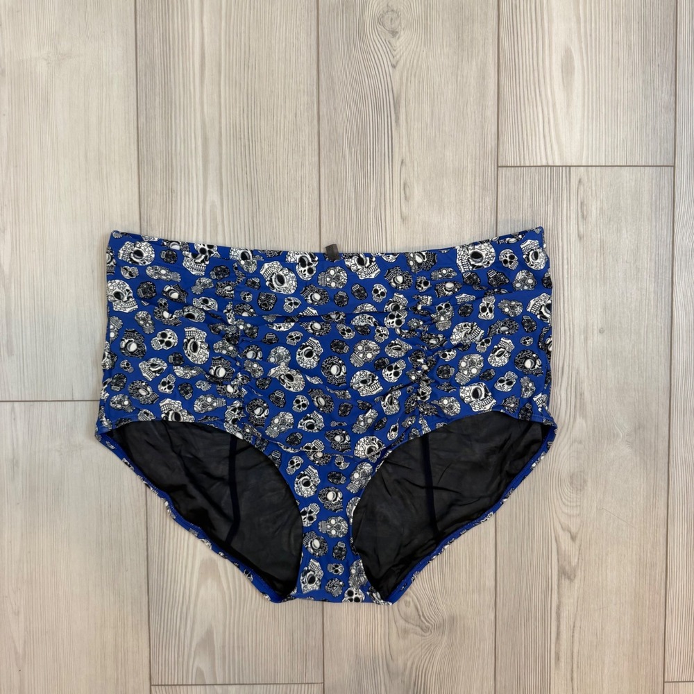 Torrid Blue Sugar Skull High Waist Ruched Swim Bottoms Gothic Retro